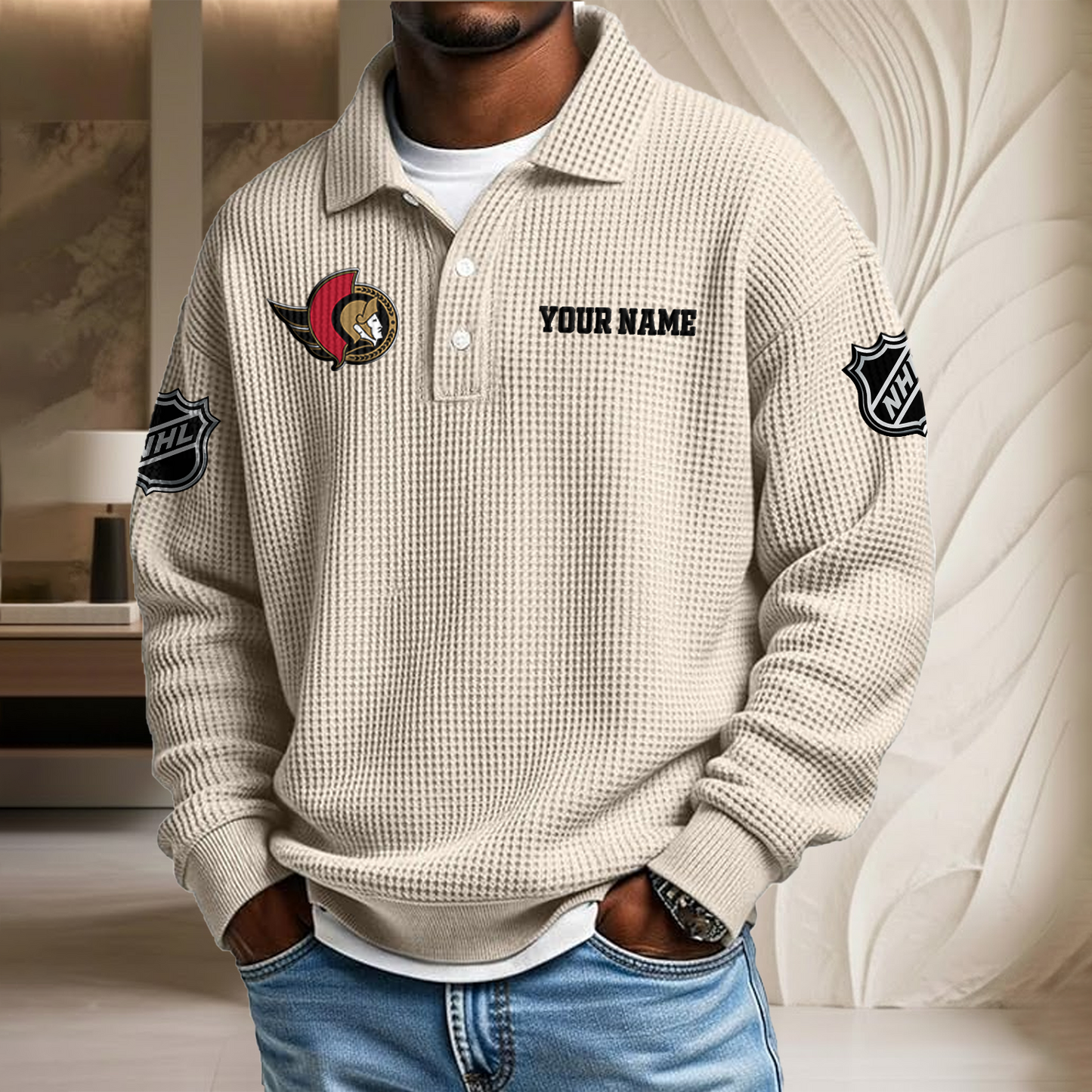 NHL x OTT Custom Name Waffle Three Button Lapel Polo HLP HLPHUONG