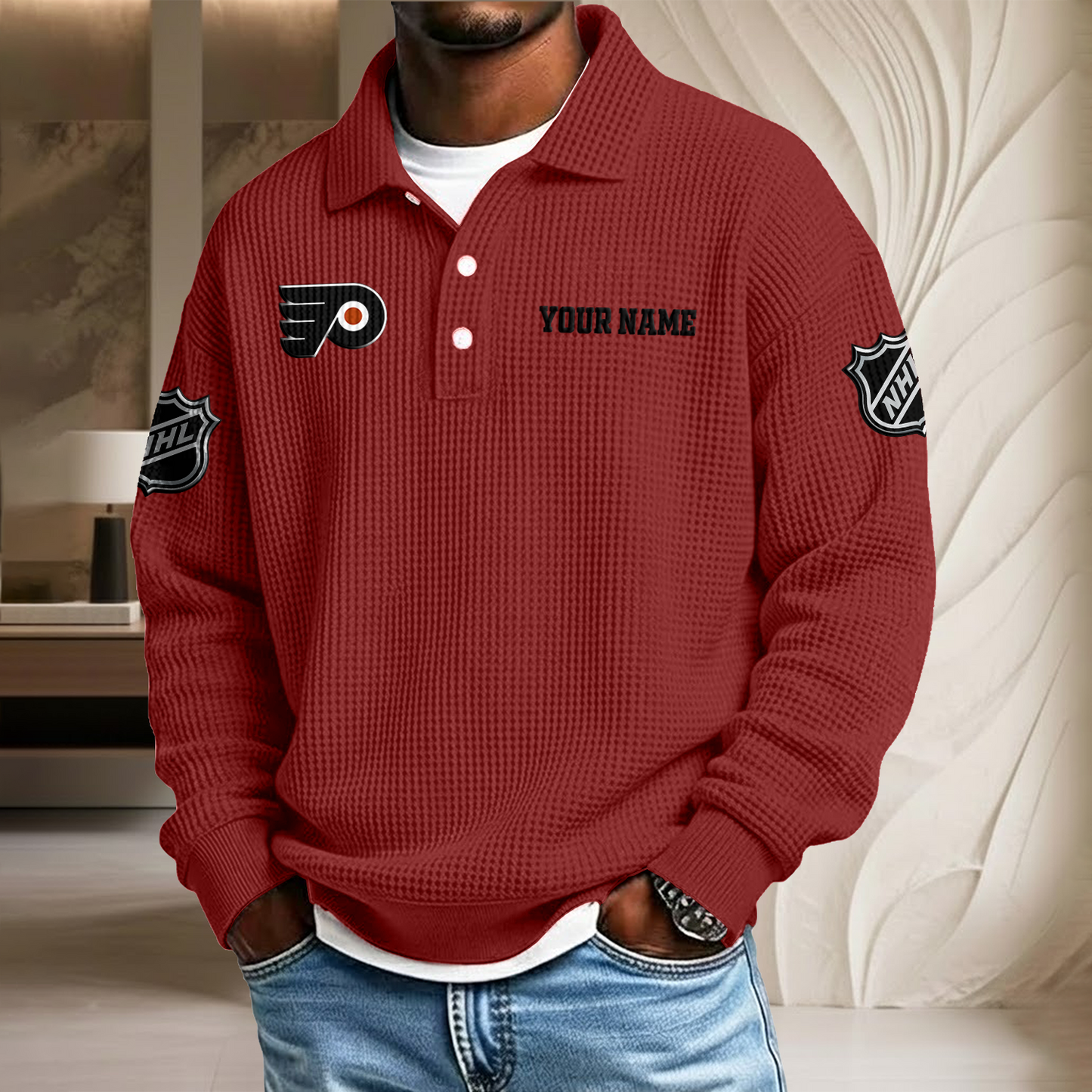 NHL x PHI Custom Name Waffle Three Button Lapel Polo HLP HLPHUONG