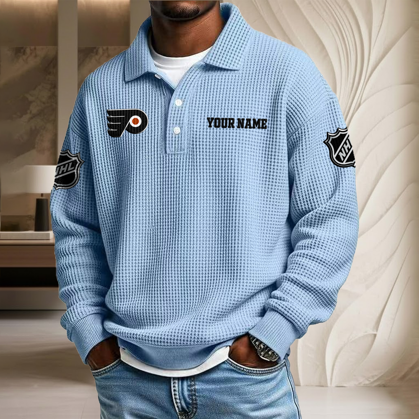 NHL x PHI Custom Name Waffle Three Button Lapel Polo HLP HLPHUONG
