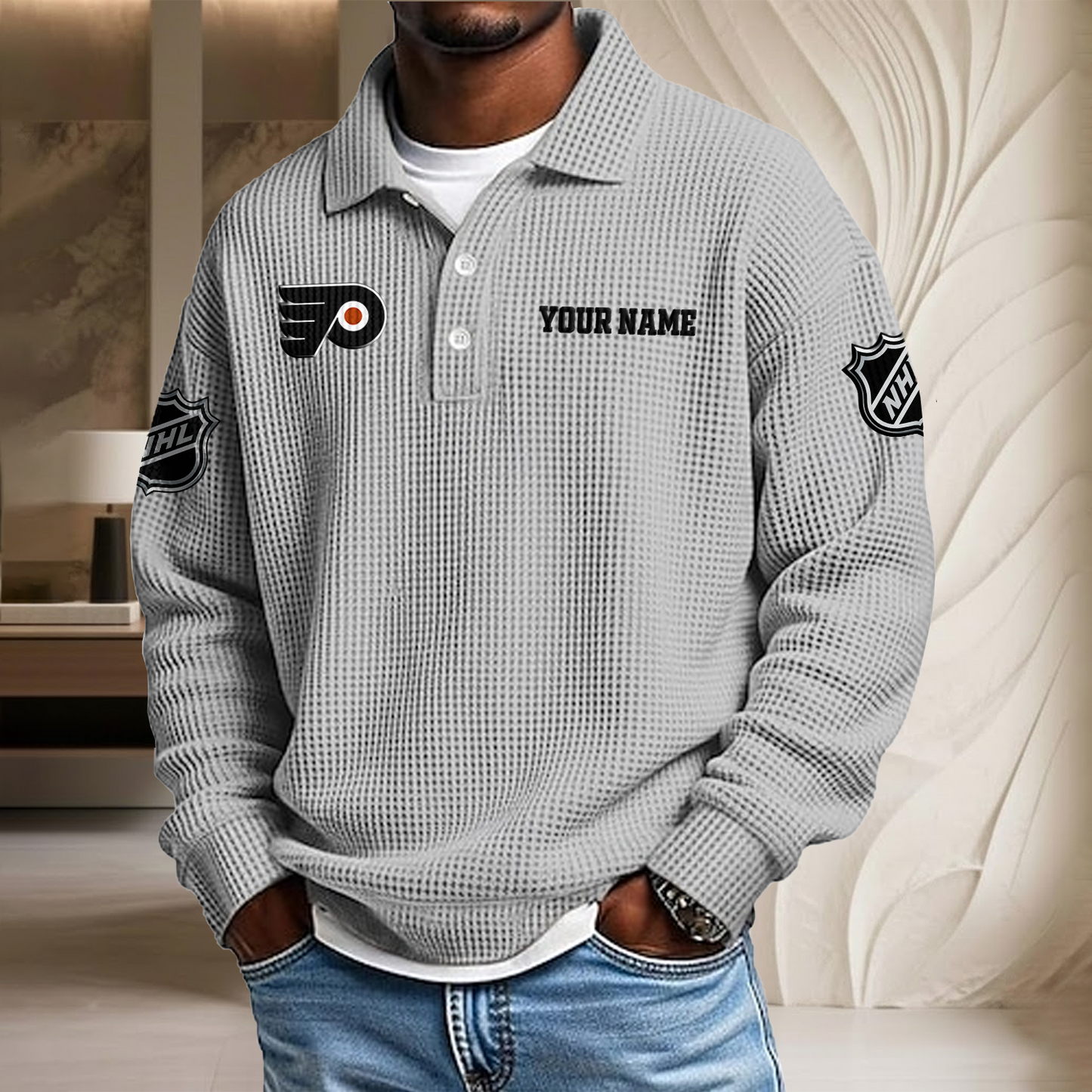 NHL x PHI Custom Name Waffle Three Button Lapel Polo HLP HLPHUONG