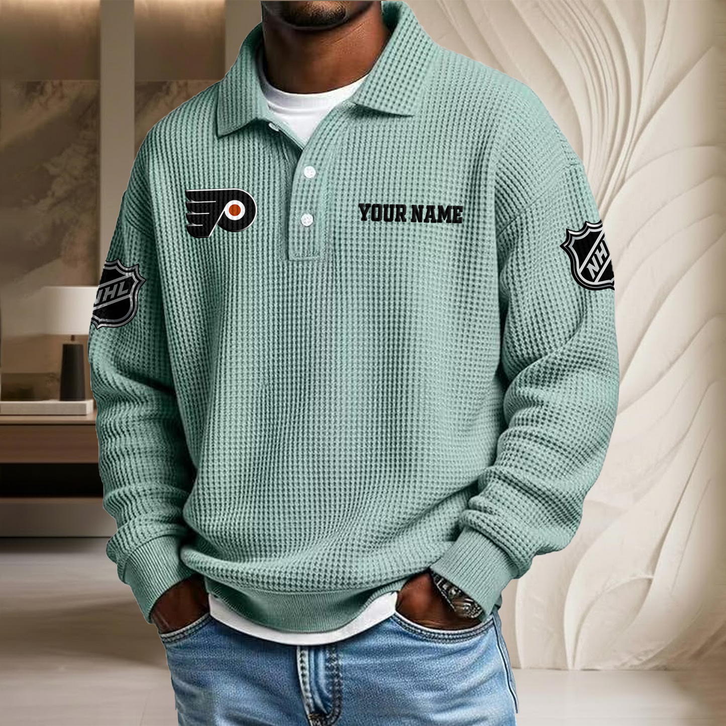 NHL x PHI Custom Name Waffle Three Button Lapel Polo HLP HLPHUONG