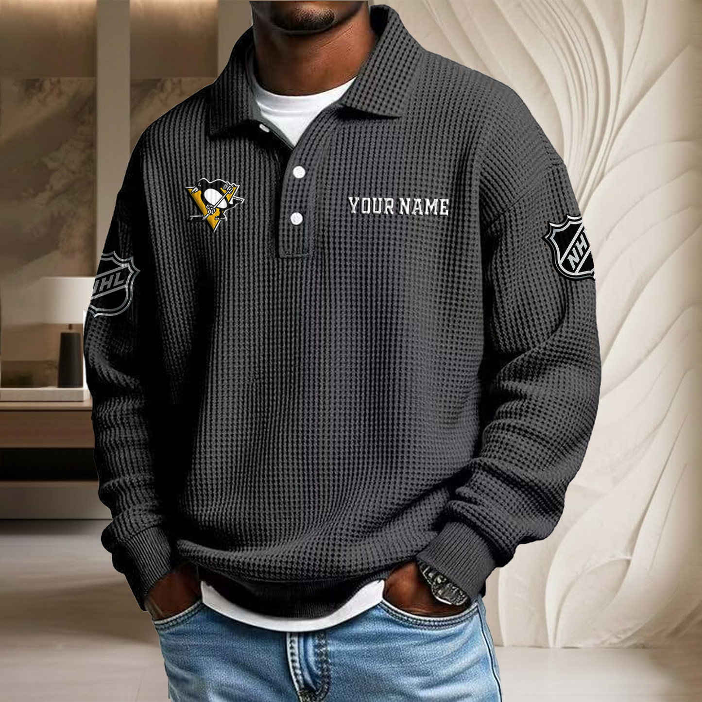 NHL x PIT Custom Name Waffle Three Button Lapel Polo HLP HLPHUONG