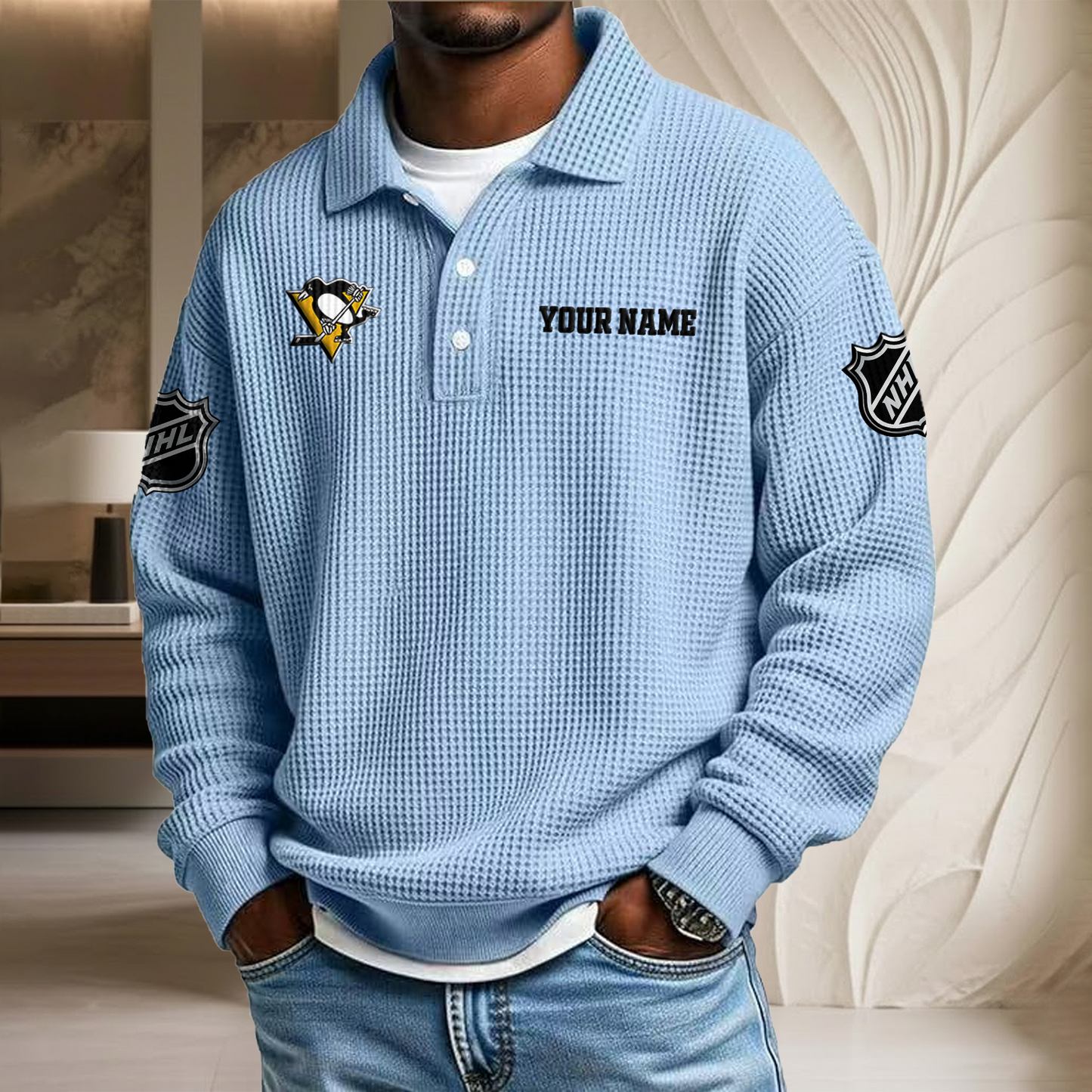 NHL x PIT Custom Name Waffle Three Button Lapel Polo HLP HLPHUONG
