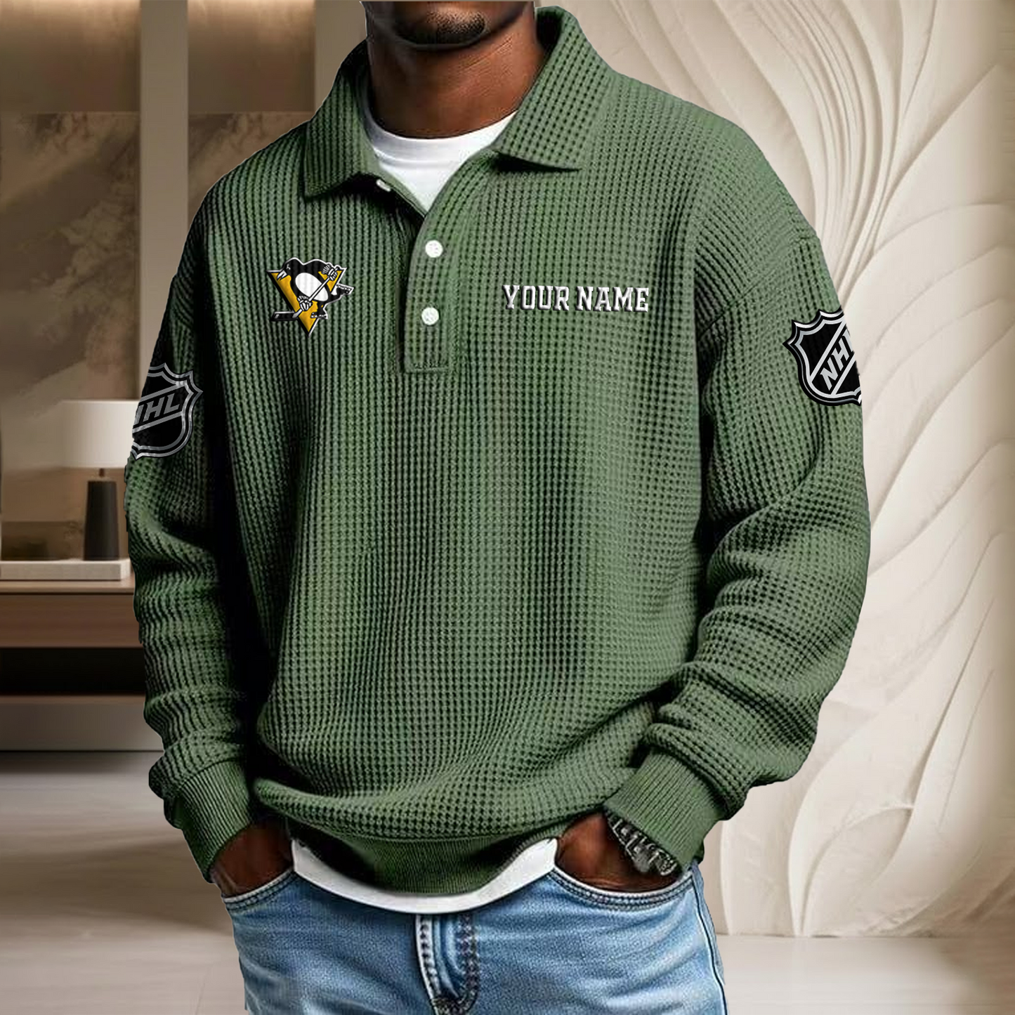 NHL x PIT Custom Name Waffle Three Button Lapel Polo HLP HLPHUONG