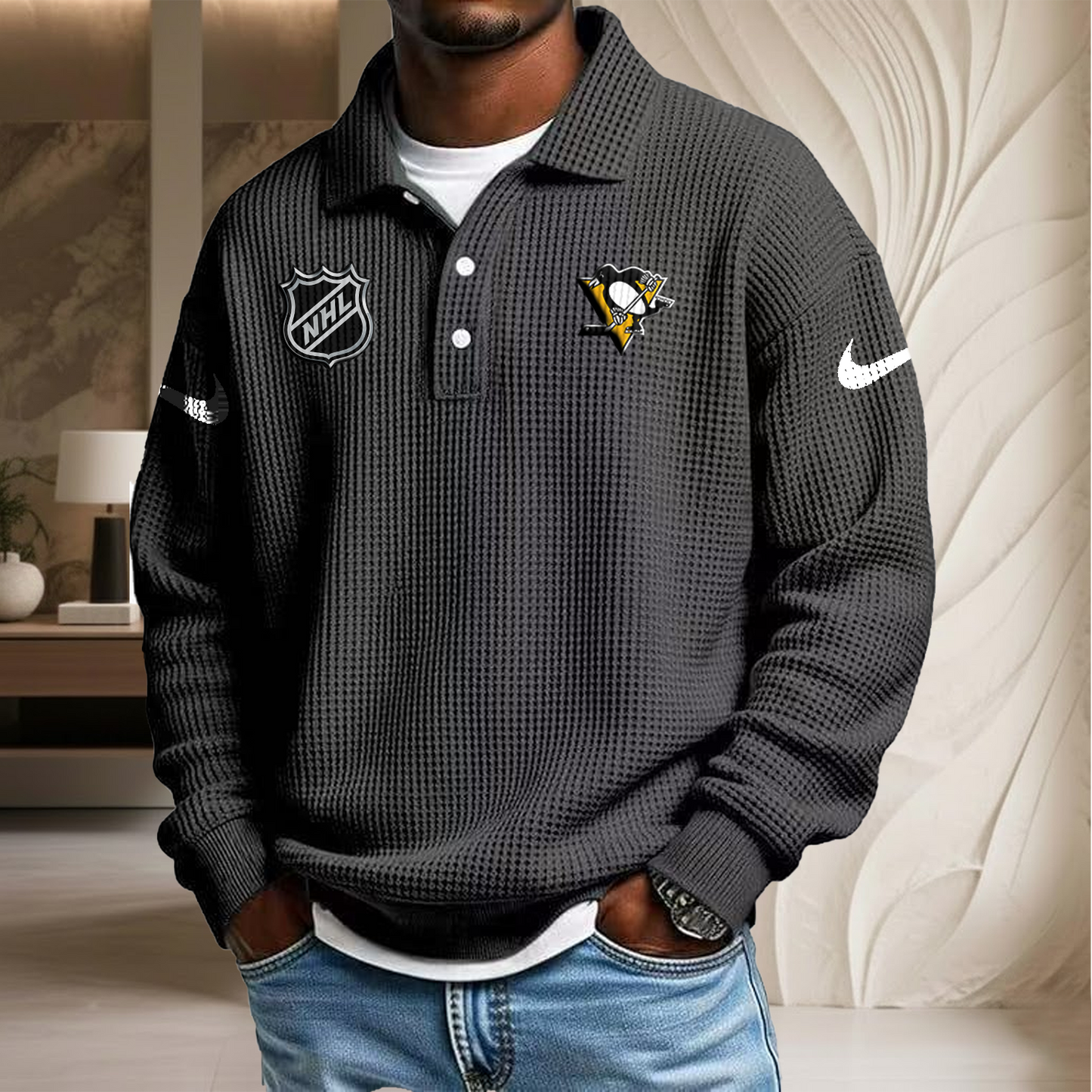 NHL x PIT Waffle Three Button Lapel Polo HLP HLPHUONG