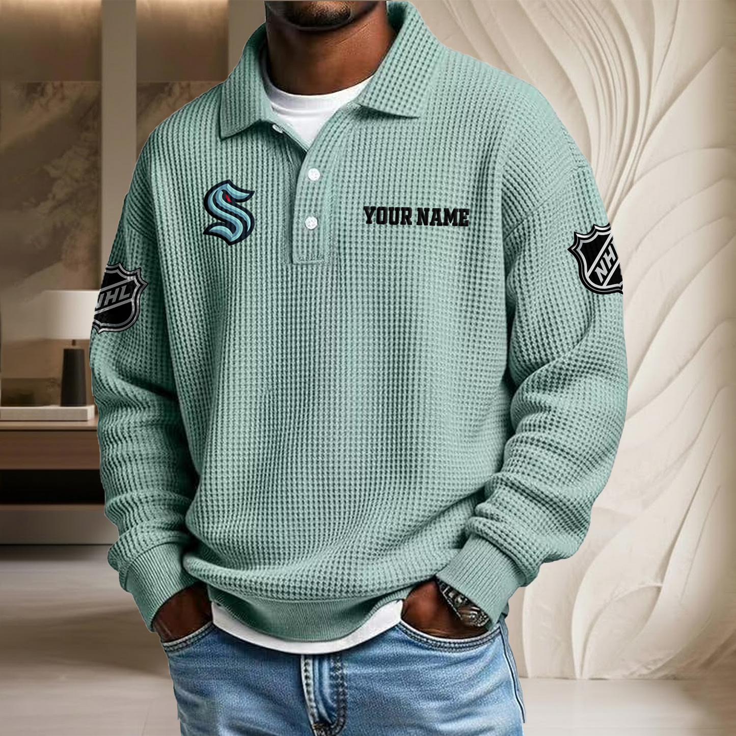 NHL x SEA Custom Name Waffle Three Button Lapel Polo HLP HLPHUONG