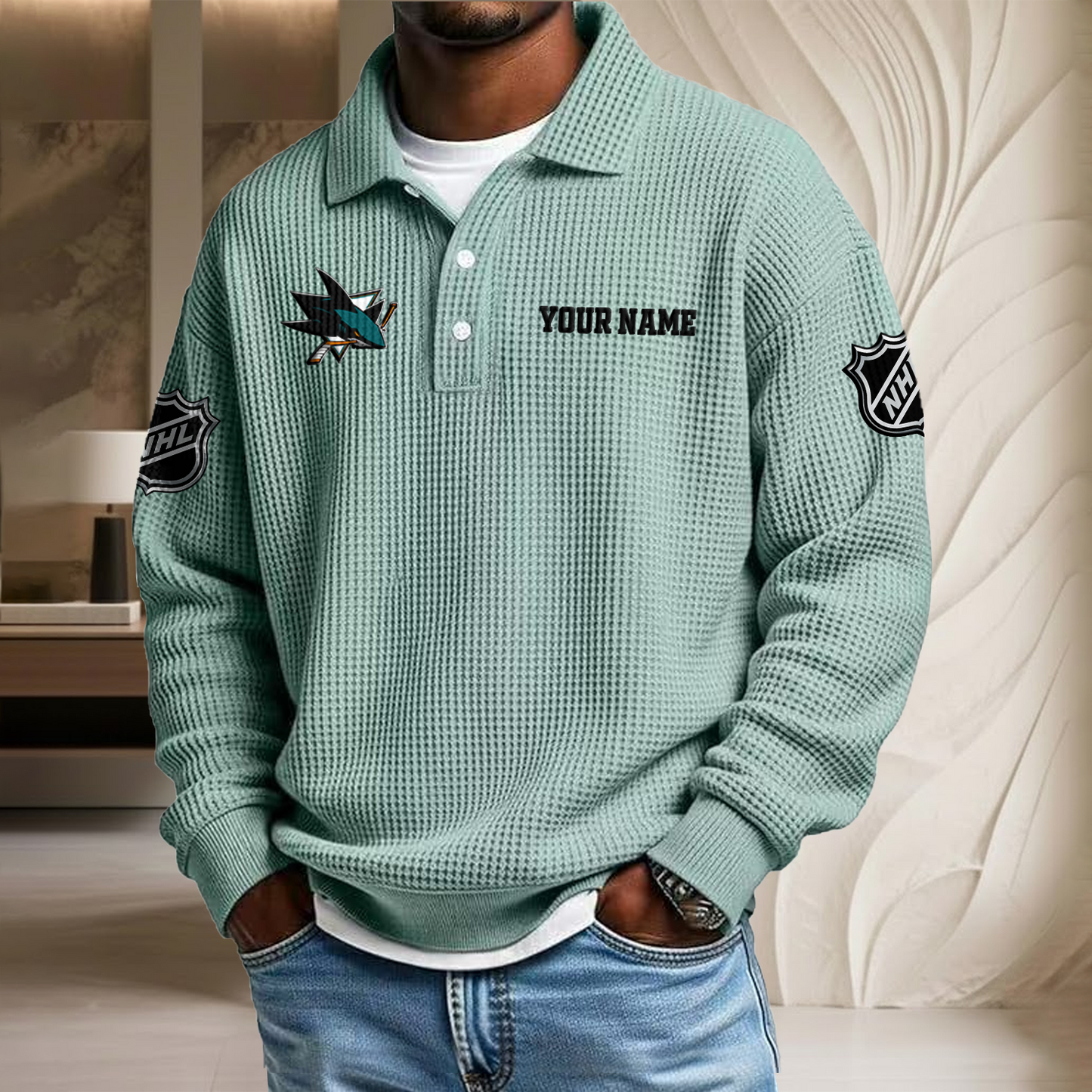 NHL x SJ Custom Name Waffle Three Button Lapel Polo HLP HLPHUONG