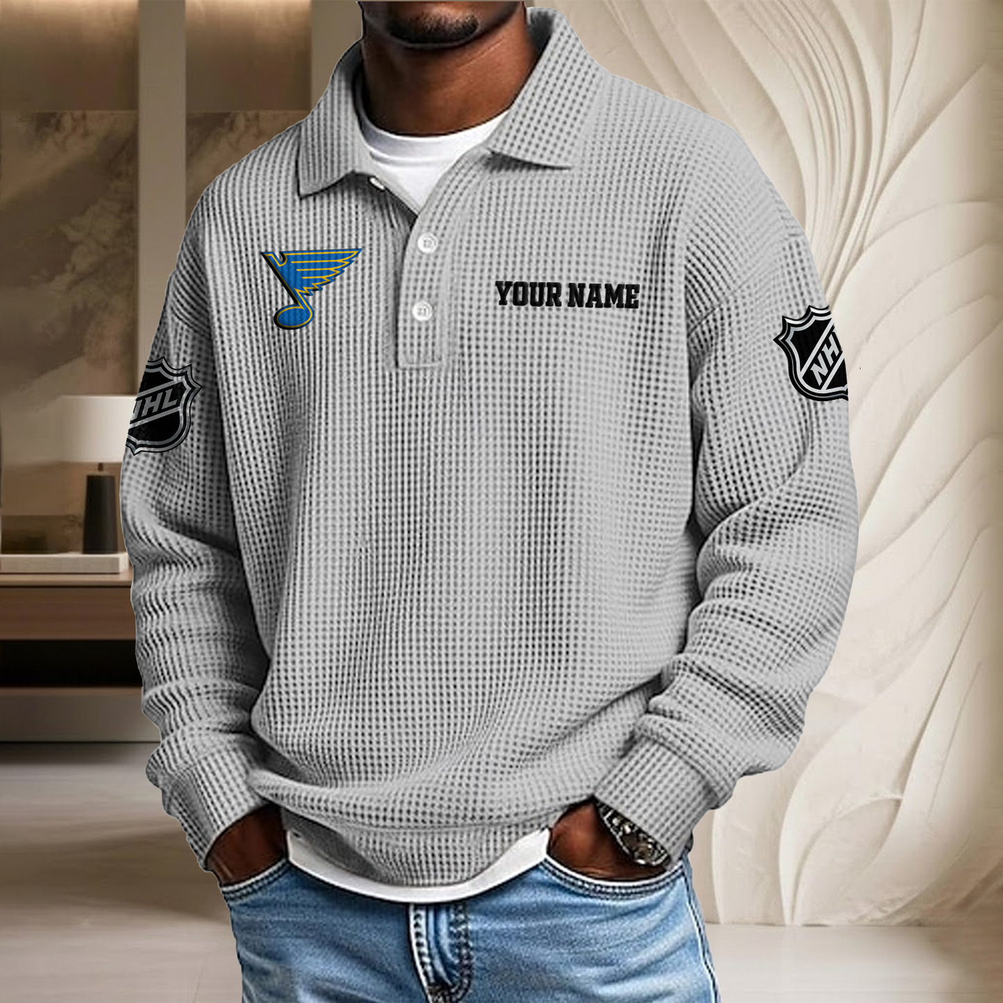 NHL x SL Custom Name Waffle Three Button Lapel Polo HLP HLPHUONG