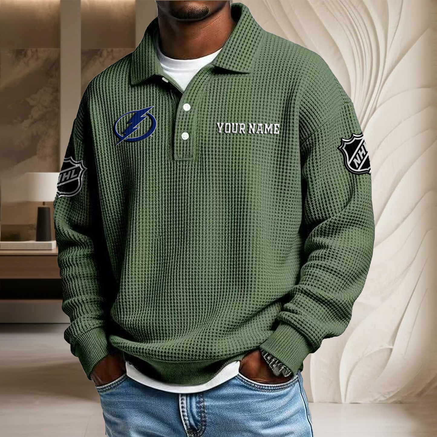 NHL x TB Custom Name Waffle Three Button Lapel Polo HLP HLPHUONG