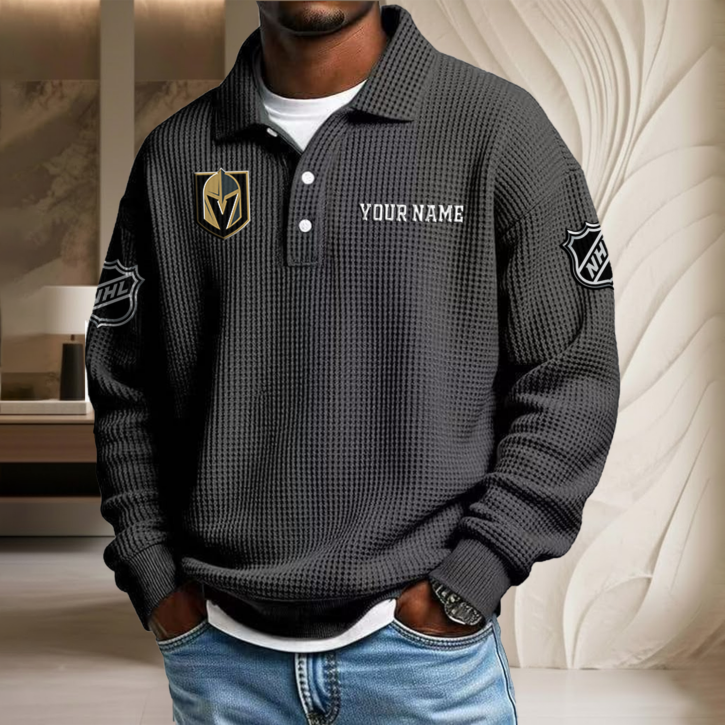 NHL x VEG Custom Name Waffle Three Button Lapel Polo HLP HLPHUONG