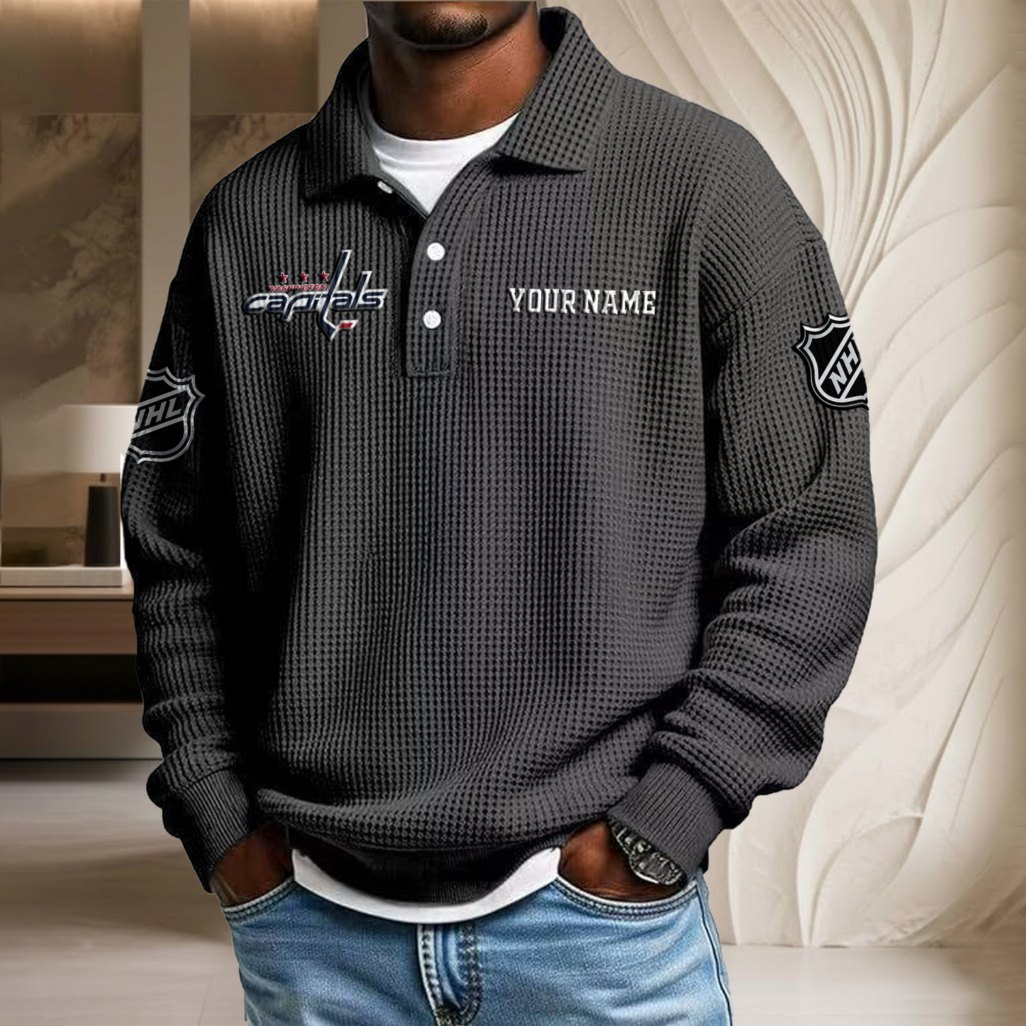 NHL x WAS Custom Name Waffle Three Button Lapel Polo HLP HLPHUONG