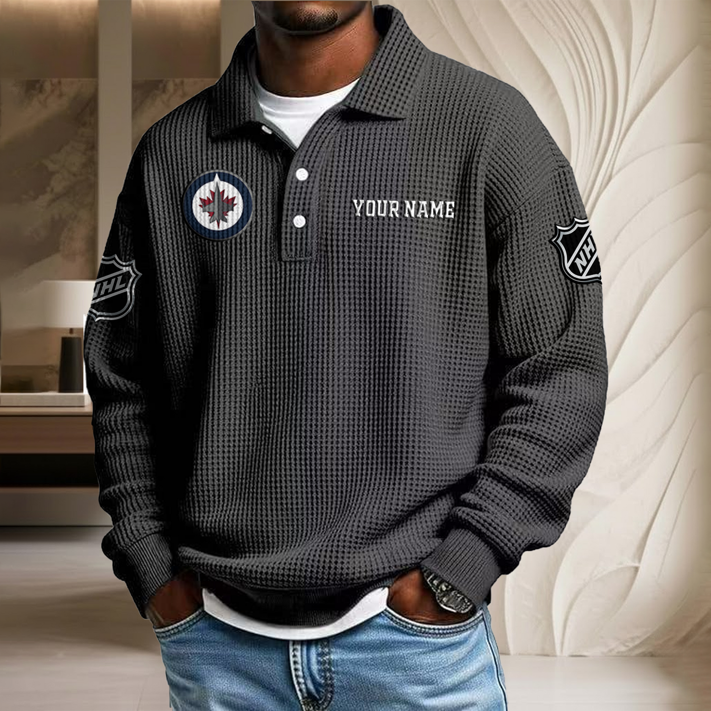 NHL x WIN Custom Name Waffle Three Button Lapel Polo HLP HLPHUONG