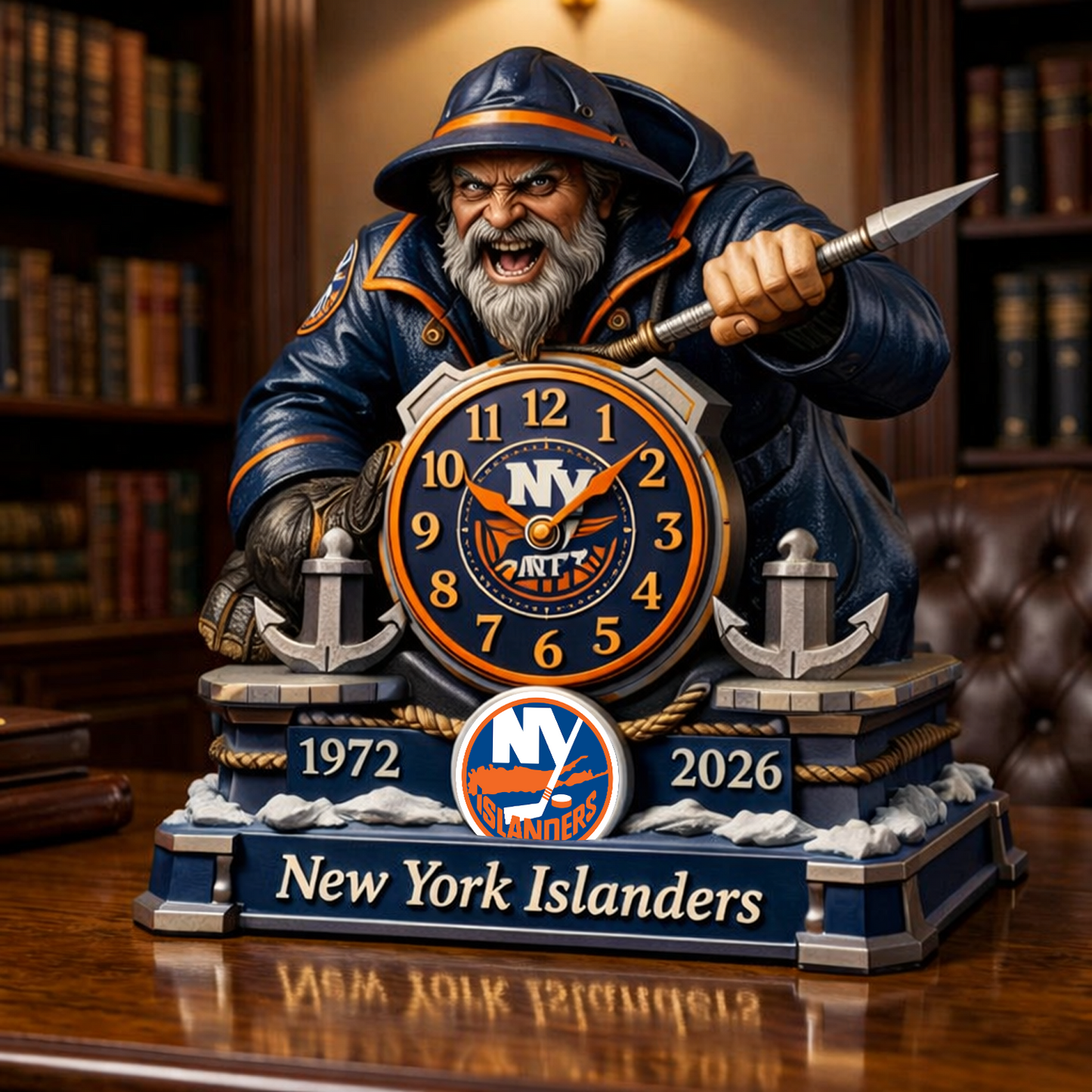 NYI x NHL Display clock featuring the hockey mascot NAK NHT