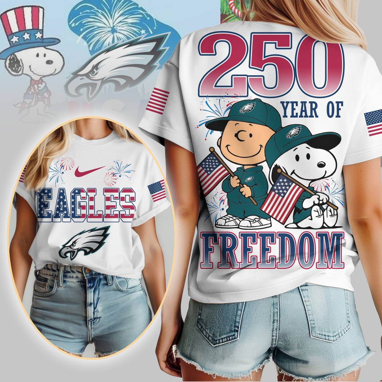 PE Premium NFL Peanuts 250 Years Of Freedom 3D Shirt DDT NTL