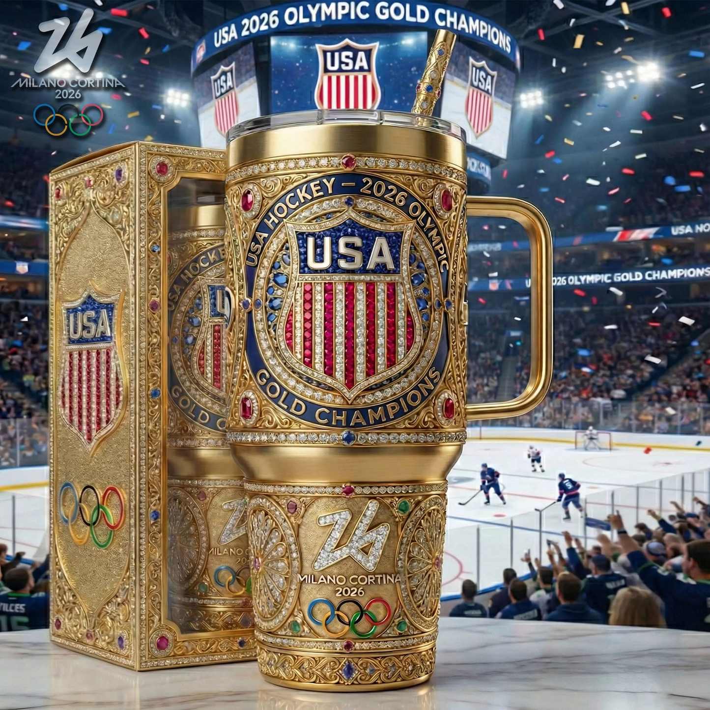 Premium Olympic USA Ice Hockey Champions 2026 HANDLE TUMBLER V1 NMD TTV