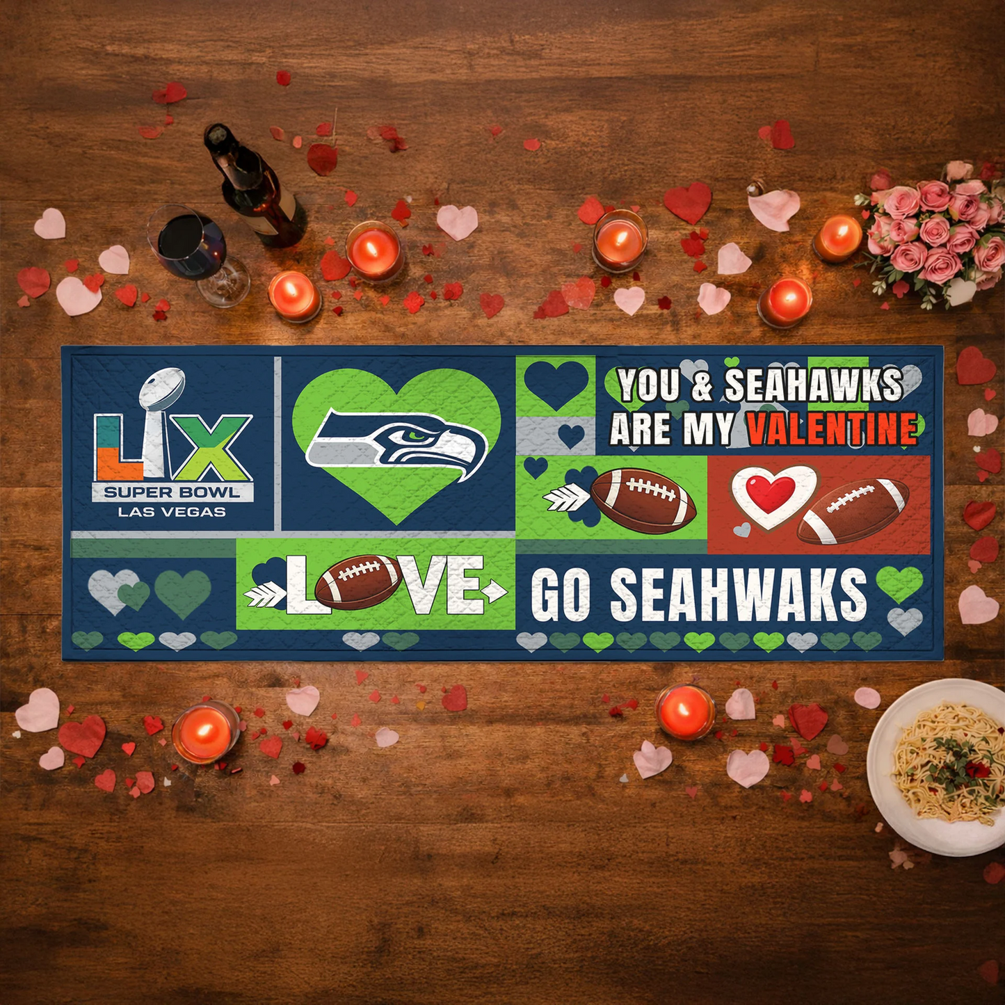 SEA X NFL Premium Super Bowl-themed tablecloth, quilted and embroidered, perfect for Valentine's Day NAK NHT