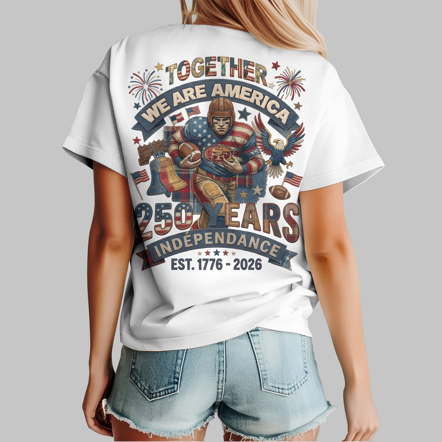 SF49 Premium NFL 250th Anniversary Of America Patchwork Women Shirt DDT CTND